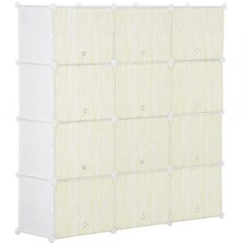 Armario Modular de Plástico Homcom con 12 Cubos para Zapatos, Organizador Blanco y Natural para Entrada, Pasillo y Dormitorio 125x32x125 cm