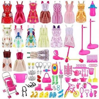 Siiruc 120 Piezas Accesorios para Muñecas Dolls, Ropa y Zapatos para Dolls, Complementos Dolls Mini Vestidos de Moda para Dolls, Perchas y Accesorios de Cocina Regalo de Cumpleaños Niñas