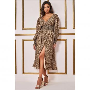 Goddiva Long Sleeve Midi Shirred Waistband - Animal Print