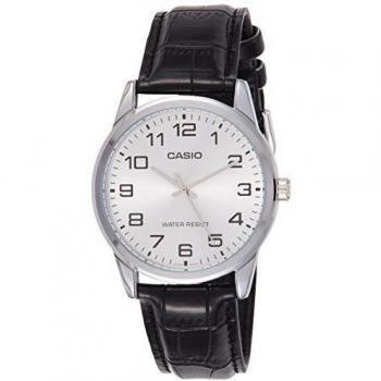 Casio MTP-V001L-7BUDF Men's Silver and Black Leather Watch with Gold/White Dial (38mm)