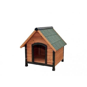 Caseta de Perro de Madera Modelo Toby - Faura, con estructura resistente, techo a dos aguas, aislante en paredes y suelo, fácil acceso para limpieza, diseño elegante y acabado en barniz exterior