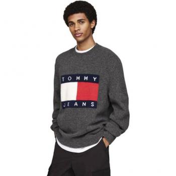 Jersey de manga larga Tommy Hilfiger Tommy Jeans gris melange con logo en azul marino y rojo - Talla S