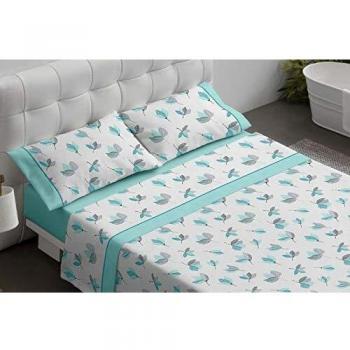 Burrito Blanco Juego de Sábanas 481 con un Diseño de Hojas y Bajera Lisa para Cama Individual de 90x190 hasta 90x200 cm/Juego de Cama 90, Color Turquesa
