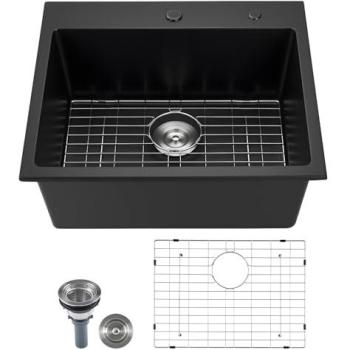 VEVOR 25-Inch Black Granite Kitchen Sink Workstation with Accessories for RV, Prep Kitchen, and Bar