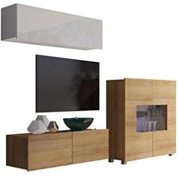 Conjunto de salón moderno Providence B113 en Roble Dorado y Blanco, con mesa de TV y partes separadas