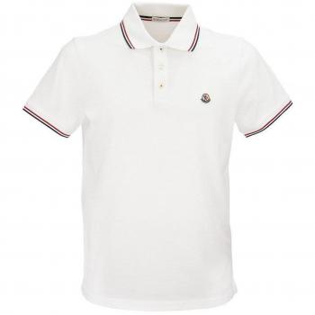 Moncler Men's White Polo Shirt with Tricolour Trim, Size Small