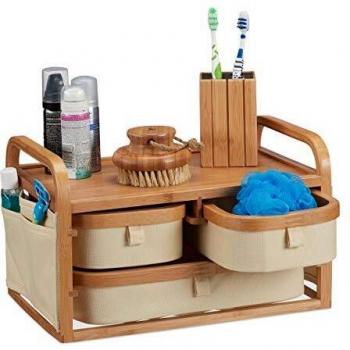 Cómoda de baño rústica de bambú con 3 estantes y cajonera pequeña, organizador de maquillaje, marrón, 19 x 34 x 23 cm