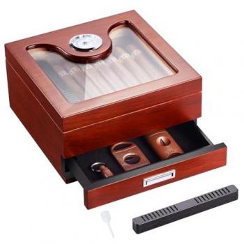 VEVOR Cedar Wood Cigar Humidor with Glass Top, Handmade Cigar Storage Box for 20-35 Cigars, Includes Hygrometer and Accessory Drawer