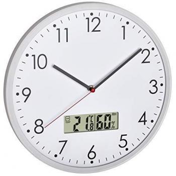 TFA Dostmann Reloj de Pared analógico con termómetro e higrómetro Digital para Control del Clima de la habitación, Cristal, Color Plateado y Blanco, 302 x 47 mm