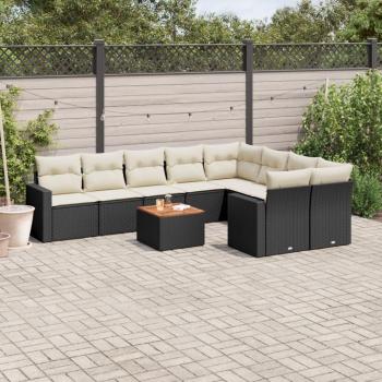 10-Piece Black Poly Rattan Garden Sofa Set with Cushions