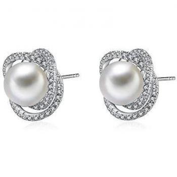 Immobird Flores Perlas Pendiente Mujer Pendientes Plata de Ley 925 Circonita Aretes Para Regalos San Valentín Día De La Madre