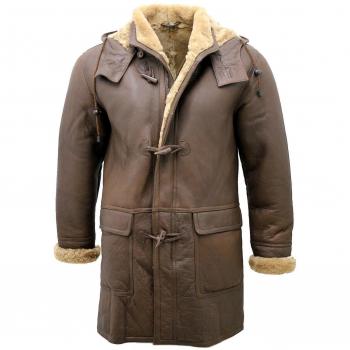 Infinity Leather Men's Brown Sheepskin Hooded Duffle Coat 5XL