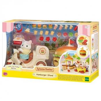 Sylvanian Families Puesto de Hamburguesas con Moto, incluye figuras y accesorios para juego de rol, diseño detallado y temático, compatible con otras colecciones de Sylvanian Families