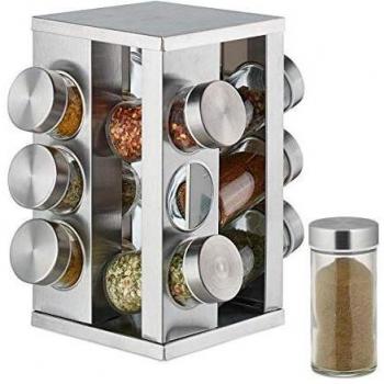 Especiero Giratorio Rectangular Relaxdays, 12 Frascos de Cristal, Acero Inoxidable, Dimensiones 22x19 cm, Color Plata