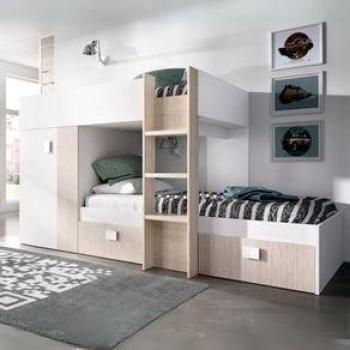 Cama Tren Groe 2 Camas + Armario + 2 Cajones Blanco/Natural 150x271x111 cm