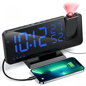 Despertador Proyector con Radio, Despertador Digital con Puerto de Carga USB, 3 Niveles de Brillo Ajustables, Repetición y 15 Niveles de Volumen, 12/24 h, para Dormitorio, Hogar, Oficina