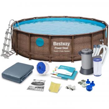 Piscina Desmontable Tubular Bestway Power Steel 488x122 cm con Depuradora de Cartucho de 5.678 L/H, Escalera y Cobertor Diseño Ratán