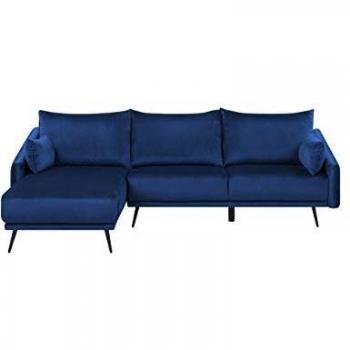 Sofá Esquinero de Terciopelo Azul Marino en L de 3 Plazas con Chaise Longue y Patas de Metal - Versión Derecha Varde