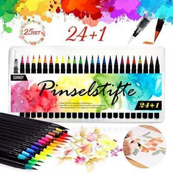 Rotuladores Acuarelables, 24 Bolígrafos de Acuarela y 1 Cepillo de Tanque de Agua, Rotuladores Punta Pincel de Nylon Flexibles, para Manga, Bullet Journal, Caligrafía y Dibujos