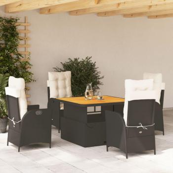 5-Piece Black Poly Rattan Garden Dining Set with Cushions