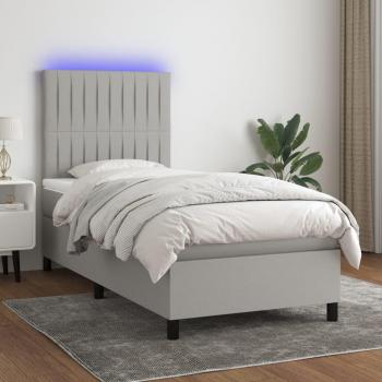 Colchón cama de muelles y tela LED gris claro 100x200 cm con características de cama box spring, luces LED y diseño en tela gris claro