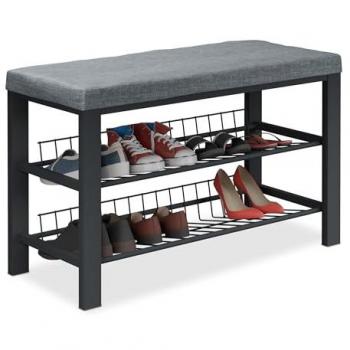 Banco Zapatero Acolchado con 2 Baldas, Organizador de Zapatos para Recibidor o Dormitorio, Tela y Metal, 50.5 x 82 x 33 cm, Gris y Negro