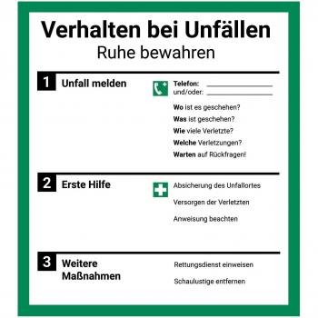 'Cartel aushang Comportamiento en caso de accidentes, 18 x 20 cm, con protección UV, de PVC Pegatinas, ISO 7010, accidente operativos aushang