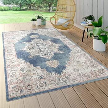 Alfombra de Exterior Terraza Marroquí Motivo, diseño oriental azul, pelo corto, tamaño 160x230 cm
