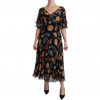 Dolce & Gabbana Black Sea Shells Maxi A-line Midi Silk Dress - IT40|S, Size: XS, Day Dresses, female, Black