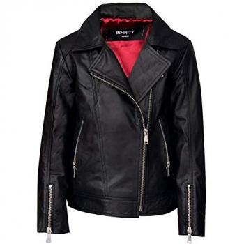 Infinity Junior Unisex 100% Black Leather Biker Jacket for Kids (Ages 1-13) - Size 12-13Y