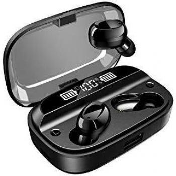VEENAX T18 Auriculares Inalámbricos Bluetooth, TWS Auriculares In Ear Control Táctil, Estéreo Cascos Deportivos con Micrófono y Bass, Banco de Energía Mini, 200 Horas/CVC 8.0/IPX7 Impermeable, Negro