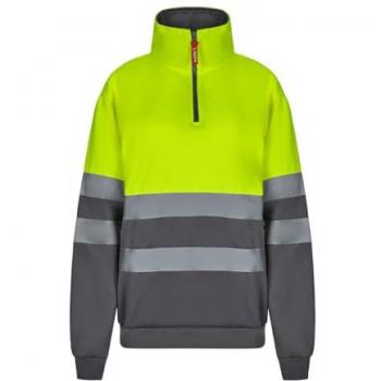 Sudadera Bicolor de Alta Visibilidad con Cremallera en Felpa, Color Gris y Amarillo Flúor, Talla L