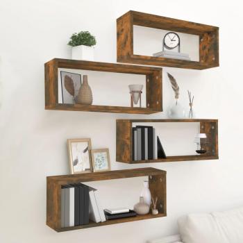 Estantes de pared cúbicos en madera de roble ahumado multicapa, 4 piezas, dimensiones 80x15x26,5 cm