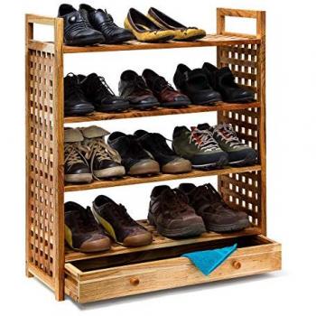 Zapatero de Madera con 4 Niveles y Cajón, Color Nogal Natural, 81 x 70 x 27 cm - Relaxdays