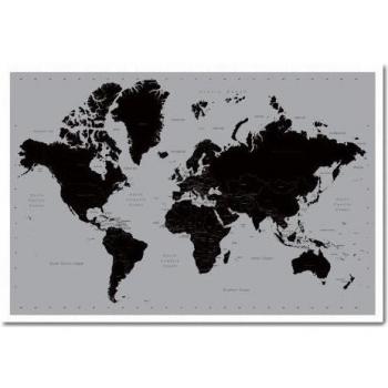 Póster Mapa Mundo Contemporáneo Negro & Gris Estilo Tablón de anuncios magnético blanco enmarcado - 96,5 x 66 cms