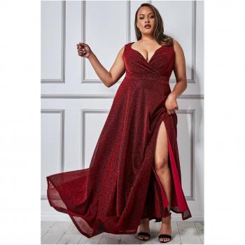 Goddiva Plus Crossover Lurex Glitter Maxi Dress - Wine