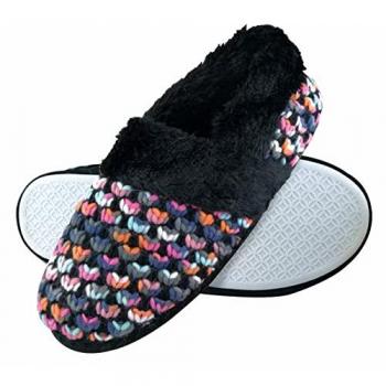 Dunlop Women's Luxury Fluffy Plush Winter Knitted House Slippers - Black Size 5 (UK)
