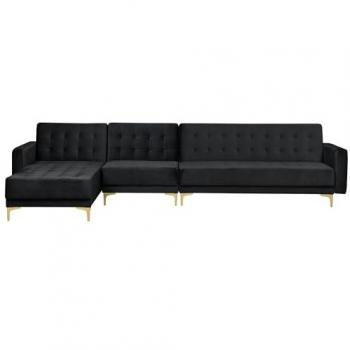 Sofá Esquinero Modular L de Terciopelo Negro Acolchado 5 Plazas con Chaise Longue Derecho Aberdeen