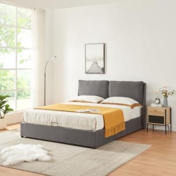 Cama Matrimonio Lunner 140x200 cm con Cajón de Almacenamiento y Cabecera Tapizada - Gris Oscuro