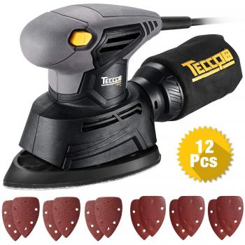 TECCPO 130W-Lijadora de Detalles, 14000 RPM, Lijadora de mano, Máquina Lijadora Compacta para Madera y Pintura,12 Papeles de Lija