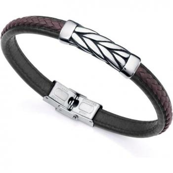 Pulsera Magnum de acero con piel negra y marrón trenzada