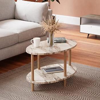 Mesa de Centro Ovalada Højreby con Estante, Aglomerado/Madera, 43 x 70 x 44 cm, Mármol Crema