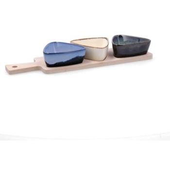 Tabla de Aperitivo con 3 Boles de Cerámica Multicolor y Base de Bambú, Apta para Microondas, 34x9,5x4,5 cm