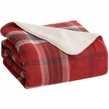 Bedsure Manta para Sofas de Sherpa 150x200 cm - Manta para Cama Reversible de 100% Microfibre Extra Suave - Estamapada a Cuadres Negro/Rojo