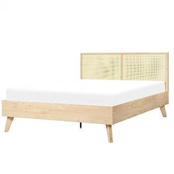 Cama Matrimonial de Madera Clara con Cabecero de Ratan 140 x 200 cm Estilo Boho Moderno Monpazier