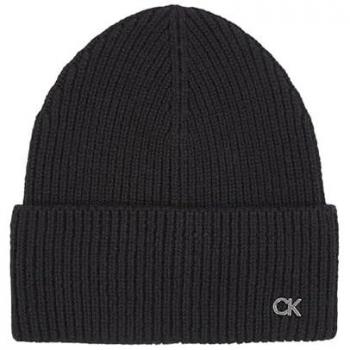 Calvin Klein Women's Chunky Rib Beanie with Logo - Black Wool-Cashmere Blend