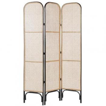 Biombo Plegable Decorativo de 3 Paneles en Rattan Negro y Madera Clara 105 x 180 cm