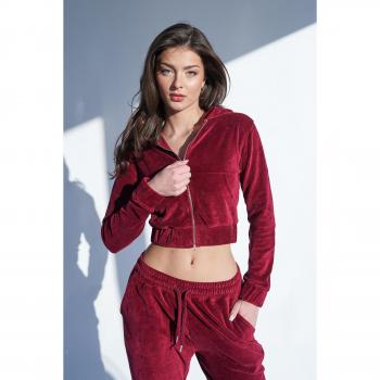 Velour Slim Fit Zip Through Cropped Hoodie Cherry Red UK 14
