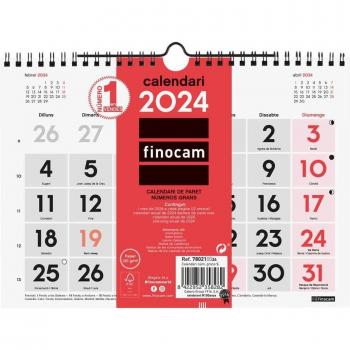 Finocam - Calendario de Pared 2024 en Catalán, Neutro con Números Grandes, Tamaño S (210x150 mm), Enero a Diciembre (12 Meses)