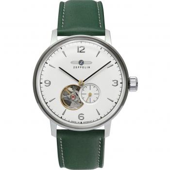 Zeppelin Hindenburg Open Heart Automatic Men's Watch with Green Leather Strap and White Dial